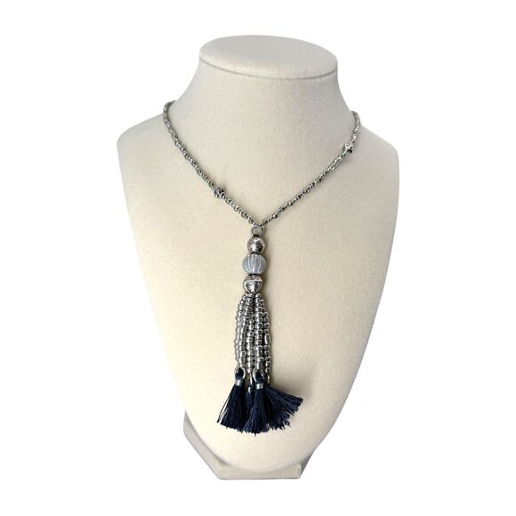 J. Jill Charm Tassel Necklace Long Silver Tone Beaded Blue Pendant 32” Boho NWT - Picture 2 of 13